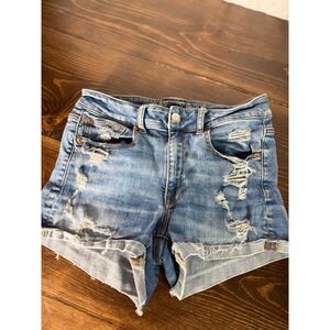 American Eagle Hi-Rise Shortie Denim Shorts Distressed Super Stretch Blue Size 6